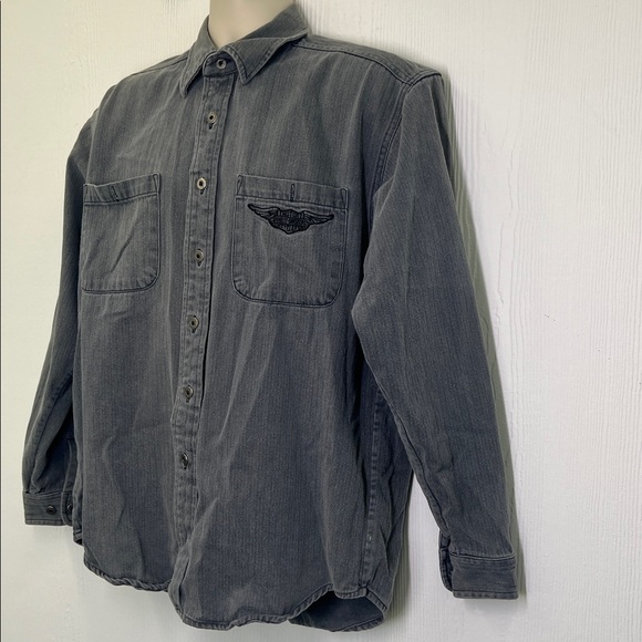 Harley Davidson - Vintage Gray Stonewashed Harley Button Down Shirt Size Medium - Picture 5 of 11